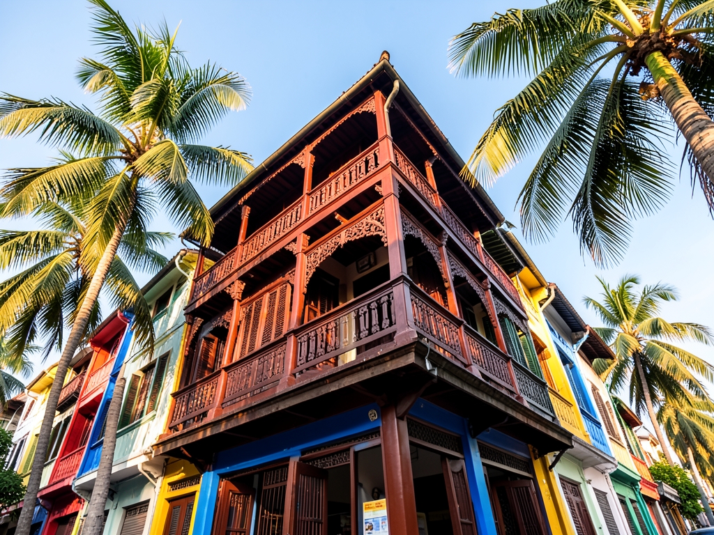Sunlit Kuala Lumpur heritage shophouses with carved wood