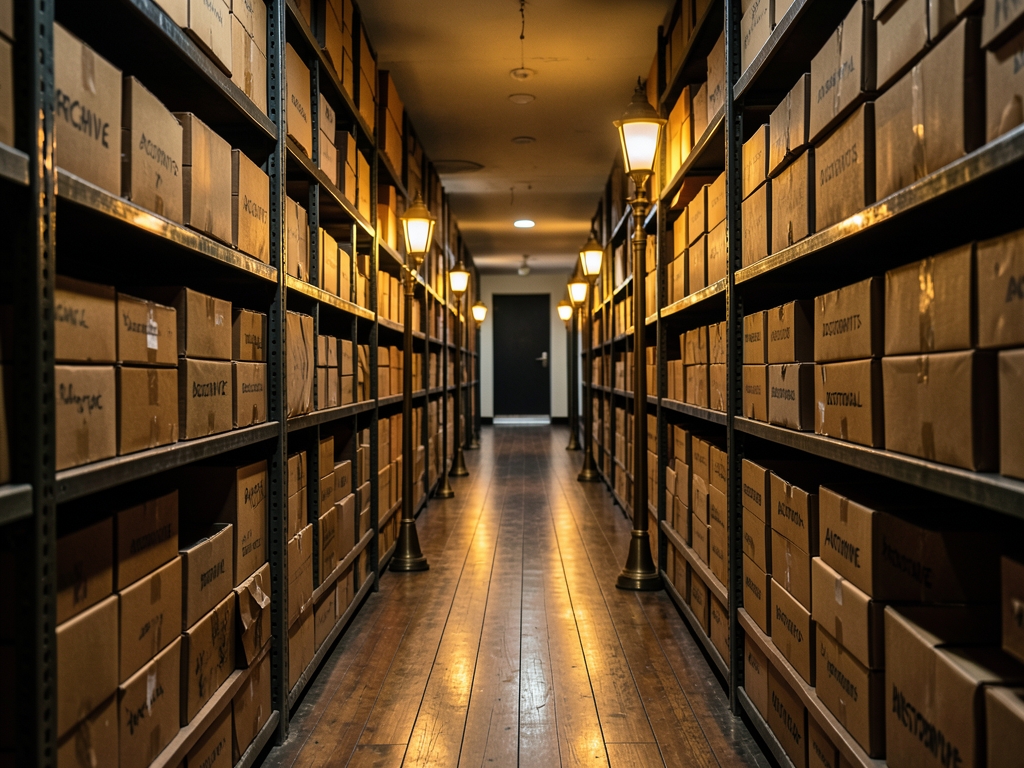 Long archive corridor with tall metal shelves stacked