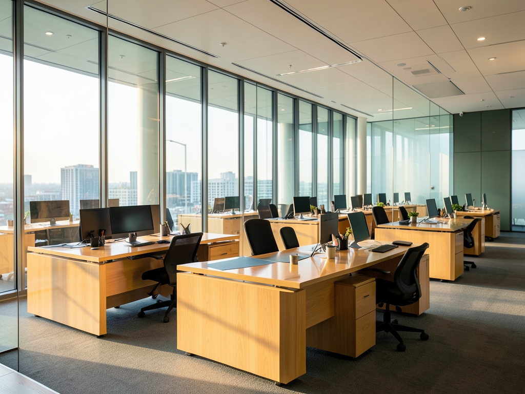 Spacious modern finance office with glass walls rows