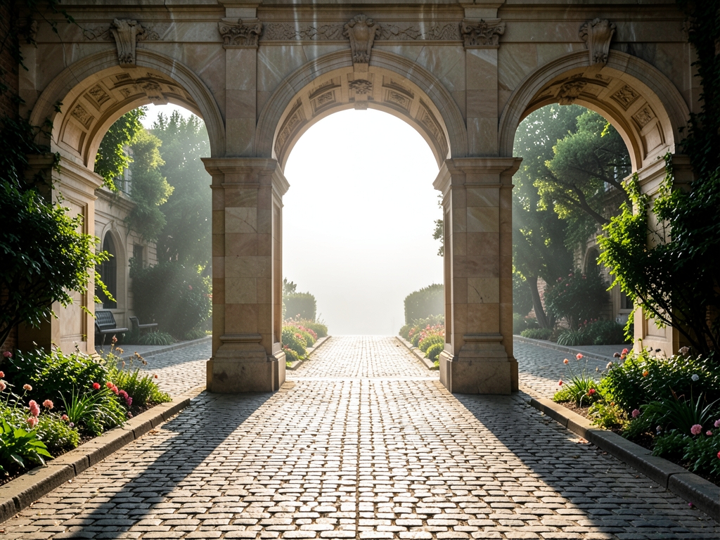 Sunlight streams through grand double archway polished stone