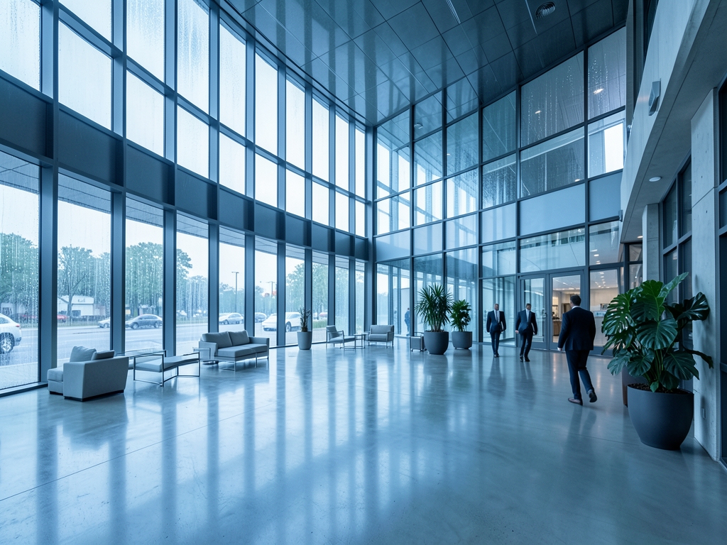 vast glass and steel atrium flooded with cool morning light