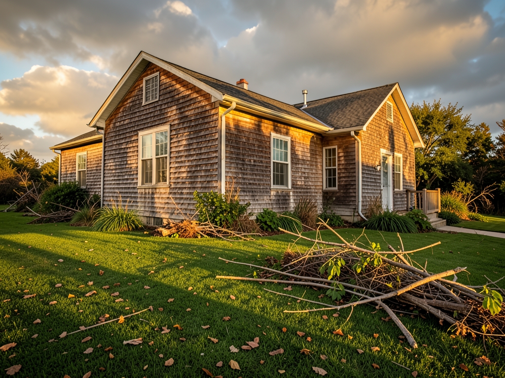 sunlit coastal property with weathered cedar siding scattered