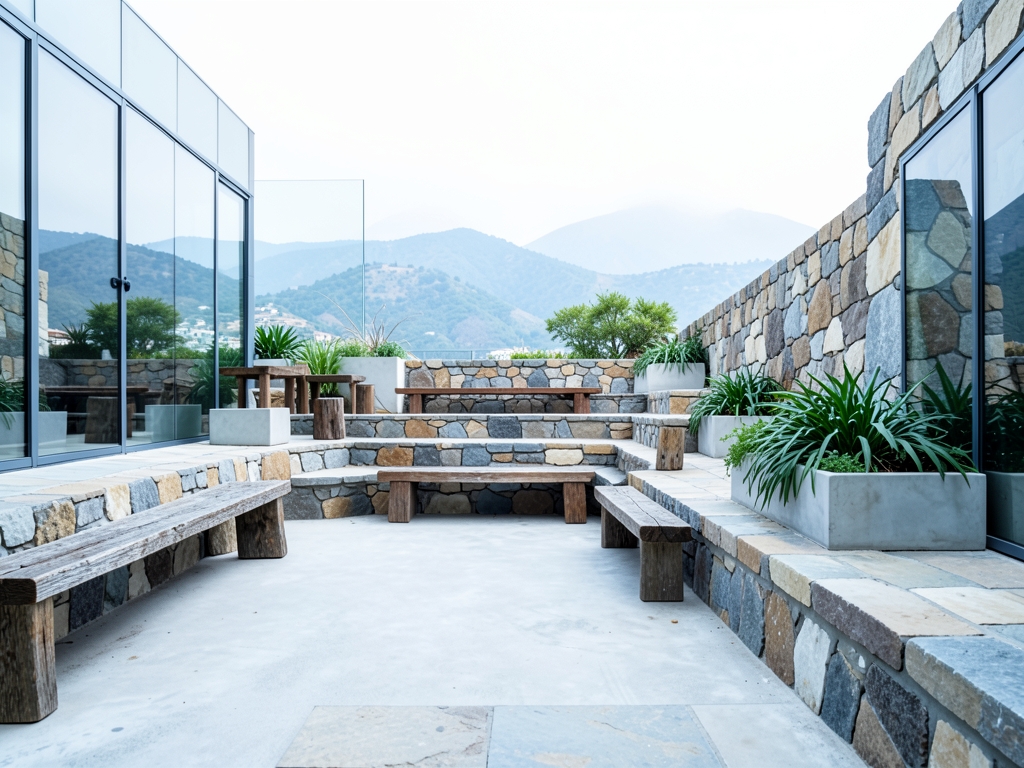 Modern stone courtyard with stepped terraces leading toward