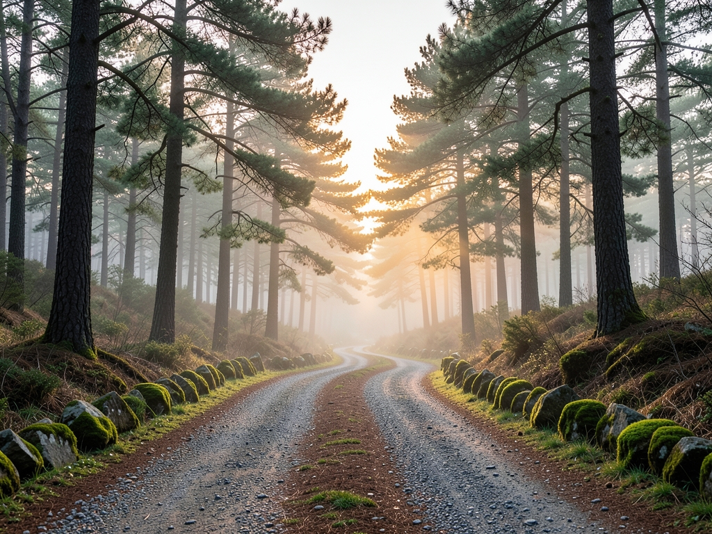 Misty pine valley with diverging gravel paths sunrise
