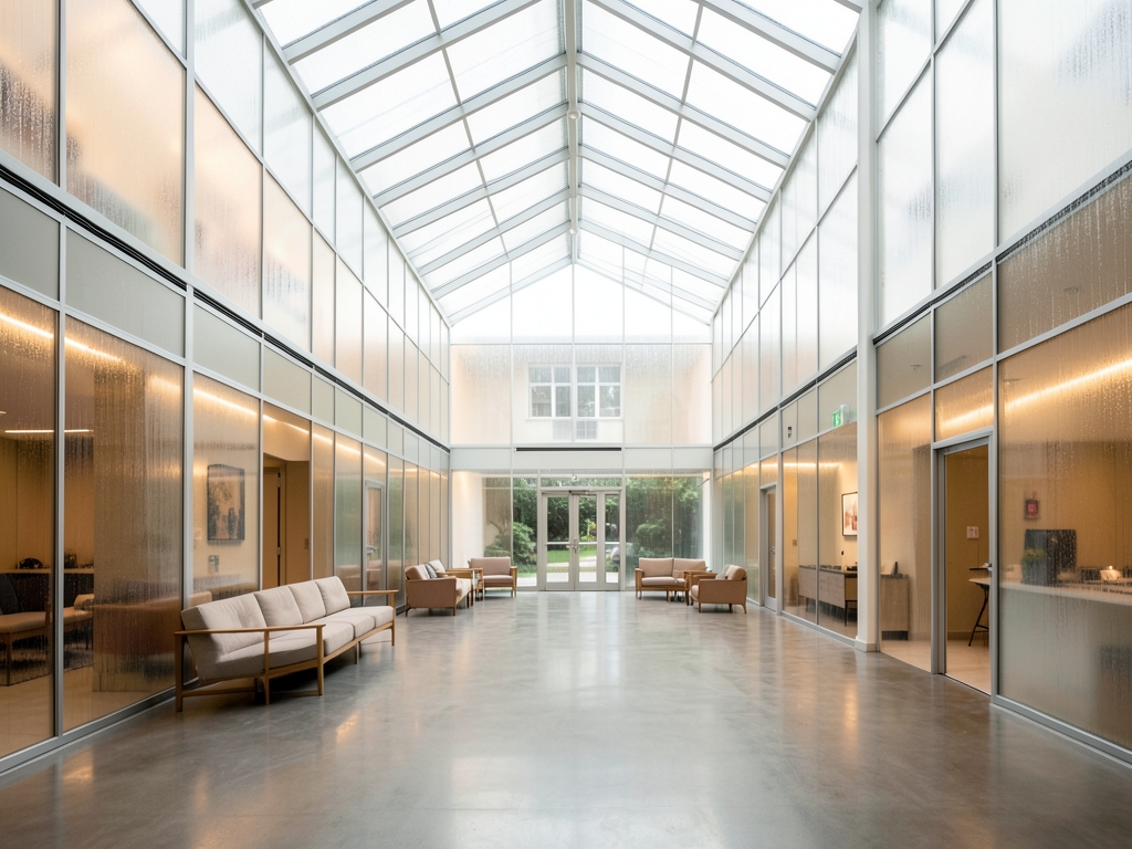 vast open plan atrium with translucent resin walls warm
