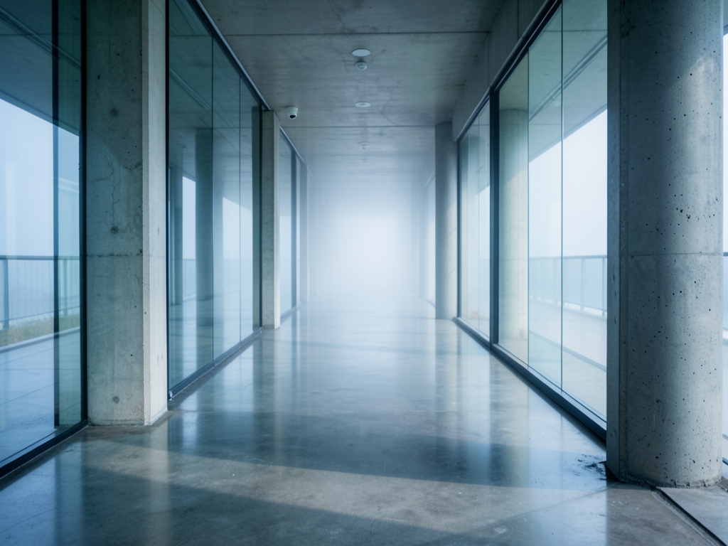 long corridor polished concrete glass panels stretching into