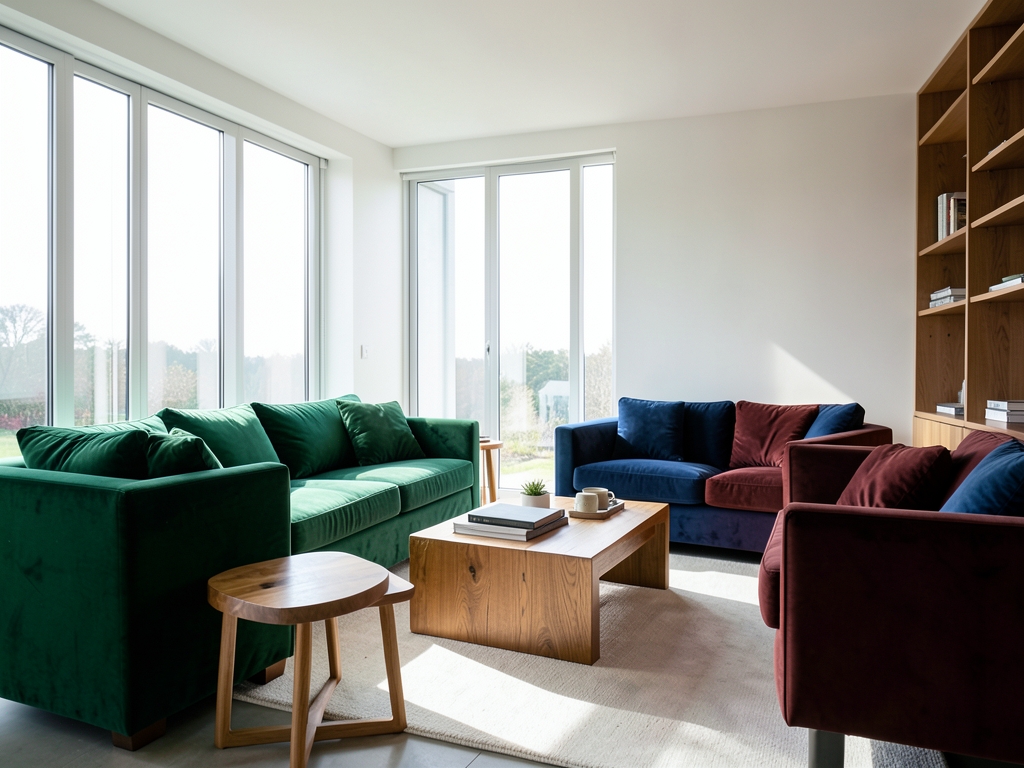 Sunlight streams through floor to ceiling windows onto minimalist living