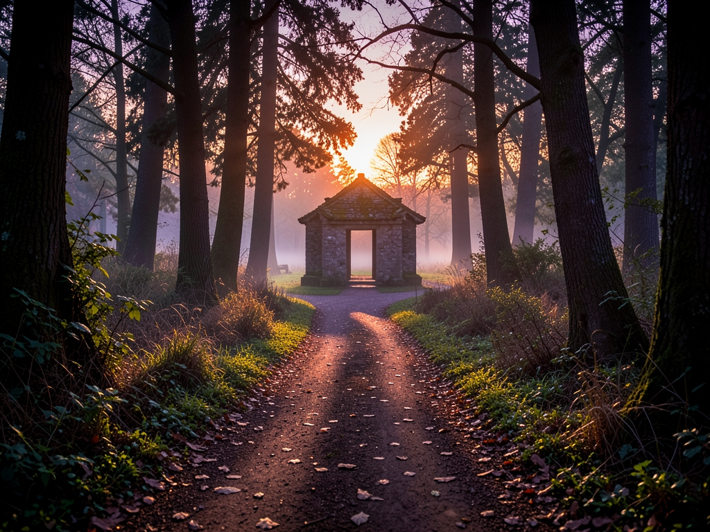 Long forest path leading stone pavilion clearing sunset