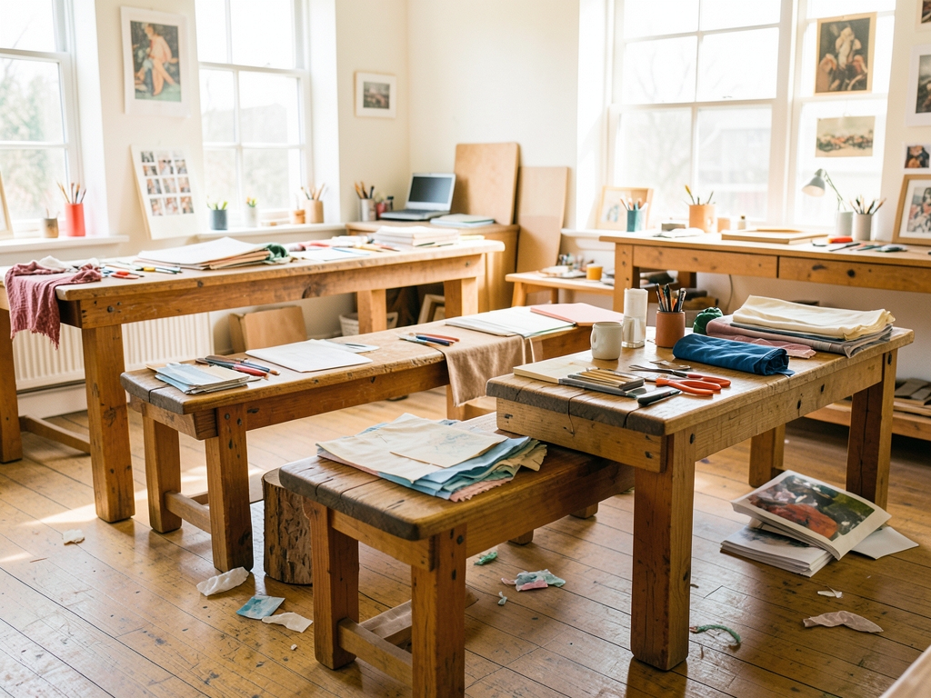 Bright workshop interior with wooden benches scattered craft