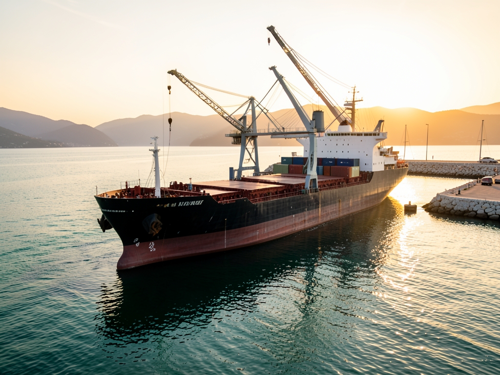 cargo vessel departing Adriatic harbor sunrise limestone breakwater
