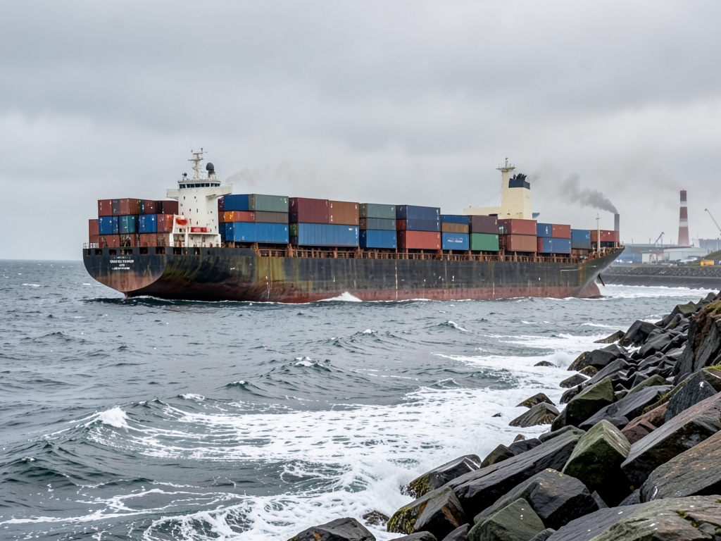 anchored container ship waiting grey North coast choppy