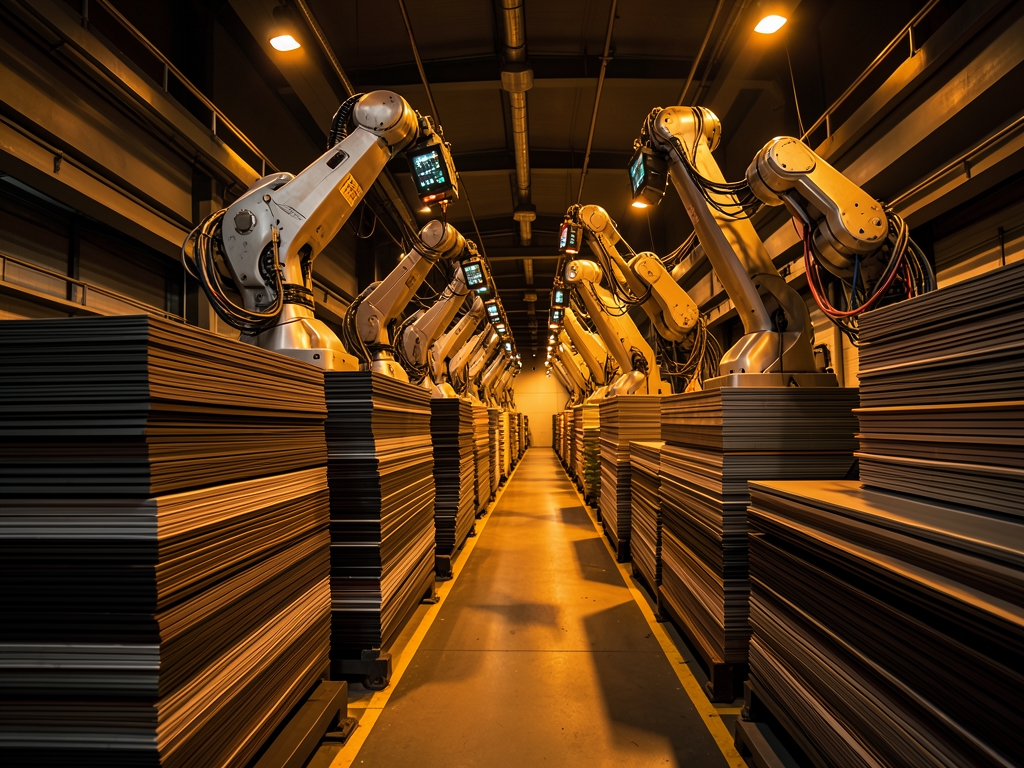 Futuristic fabrication hall where stacks unprocessed composite materials