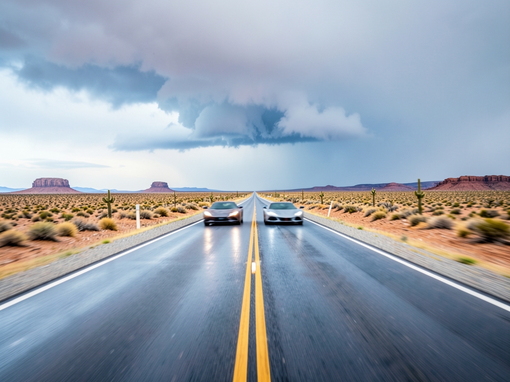 lonely desert highway stretching toward distant storm line