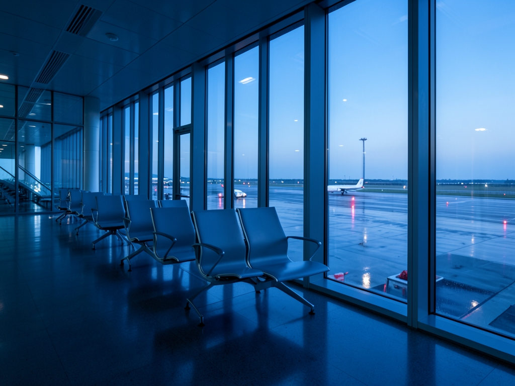 Twilight view modern glass terminal interior with long