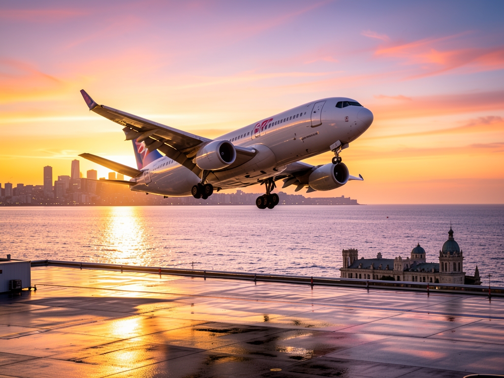 Sunset glow over Atlantic ocean with commercial banking