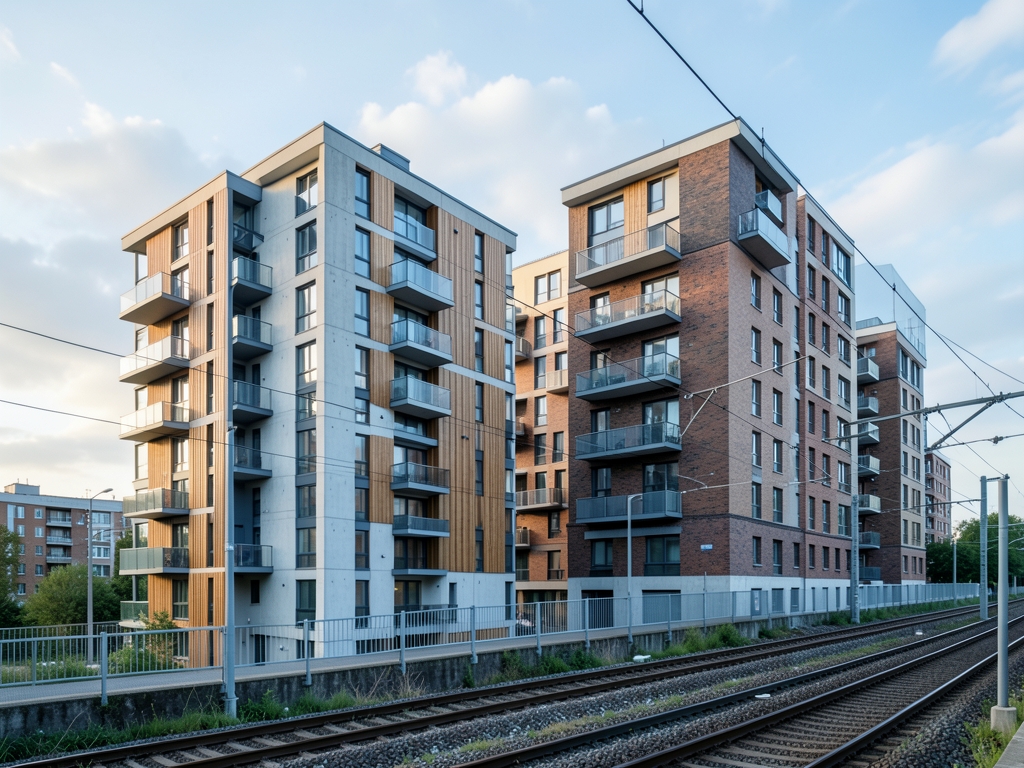 Modern mid rise apartment blocks with balconies beside light