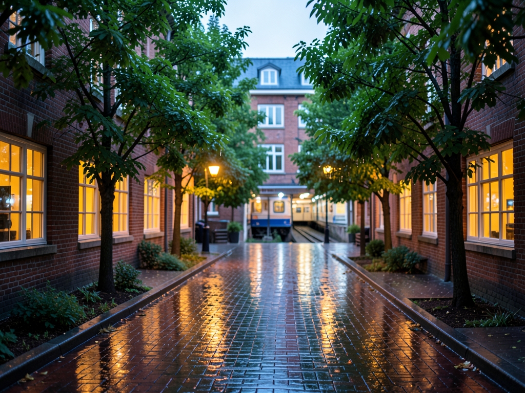 Cozy courtyard housing near train platform dusk with