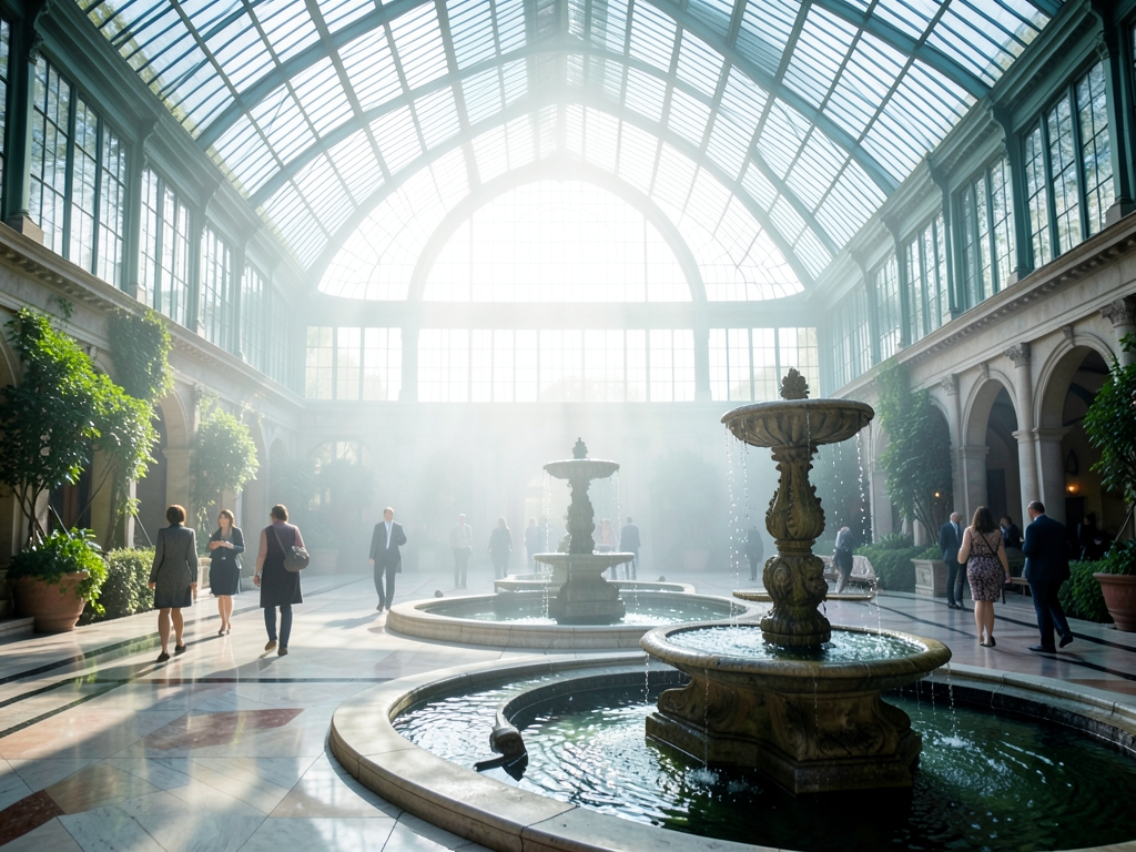 misty morning Longwood Gardens conservatory courtyard soft diffused