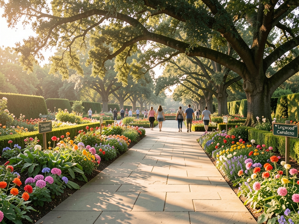 sunlit afternoon Longwood Gardens where visitors stroll along