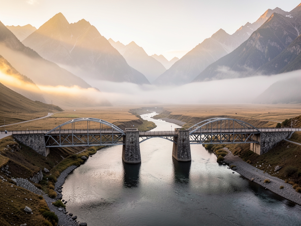 Open mountain valley dawn with forked river crossed