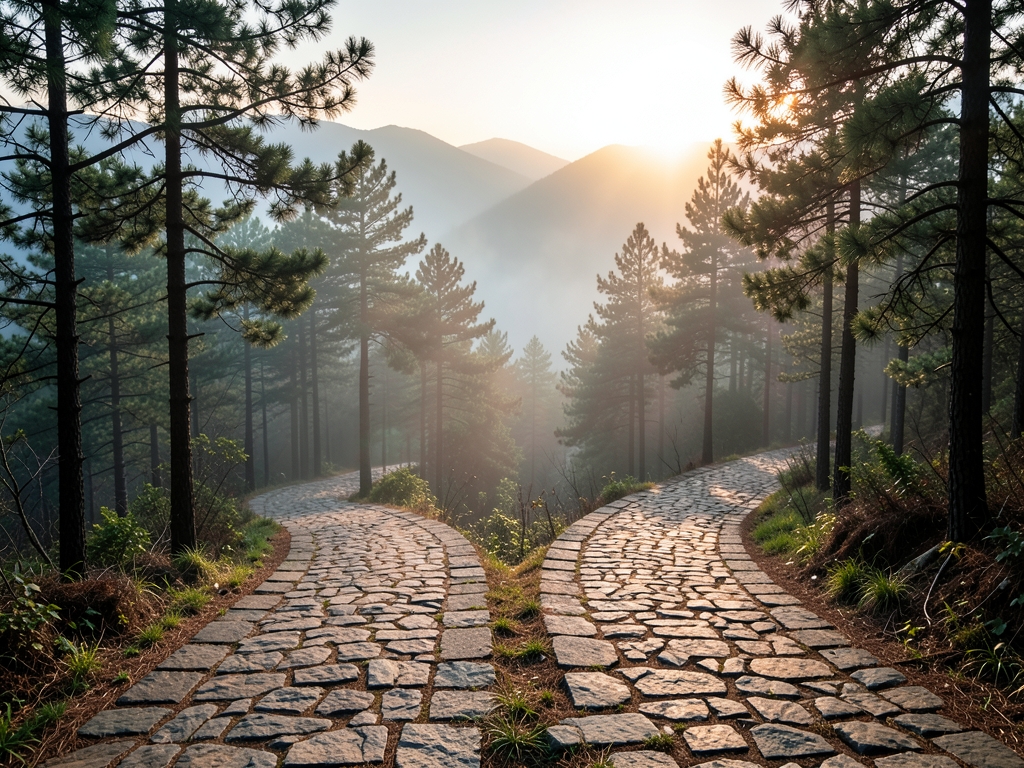 Misty mountain crossroads with diverging stone paths through