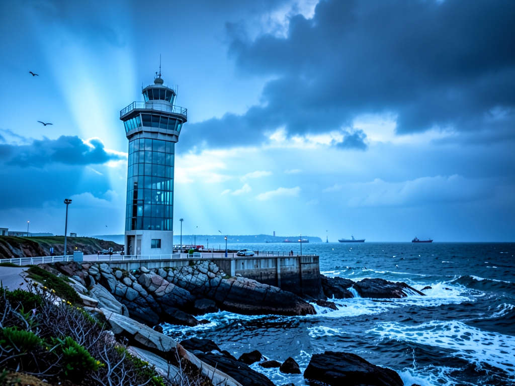 Modern harbor control tower glass steel overlooking turbulent
