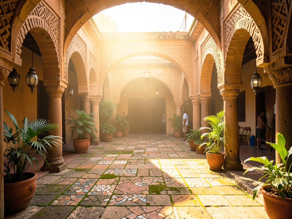 sunlit West African courtyard with weathered stone tiles