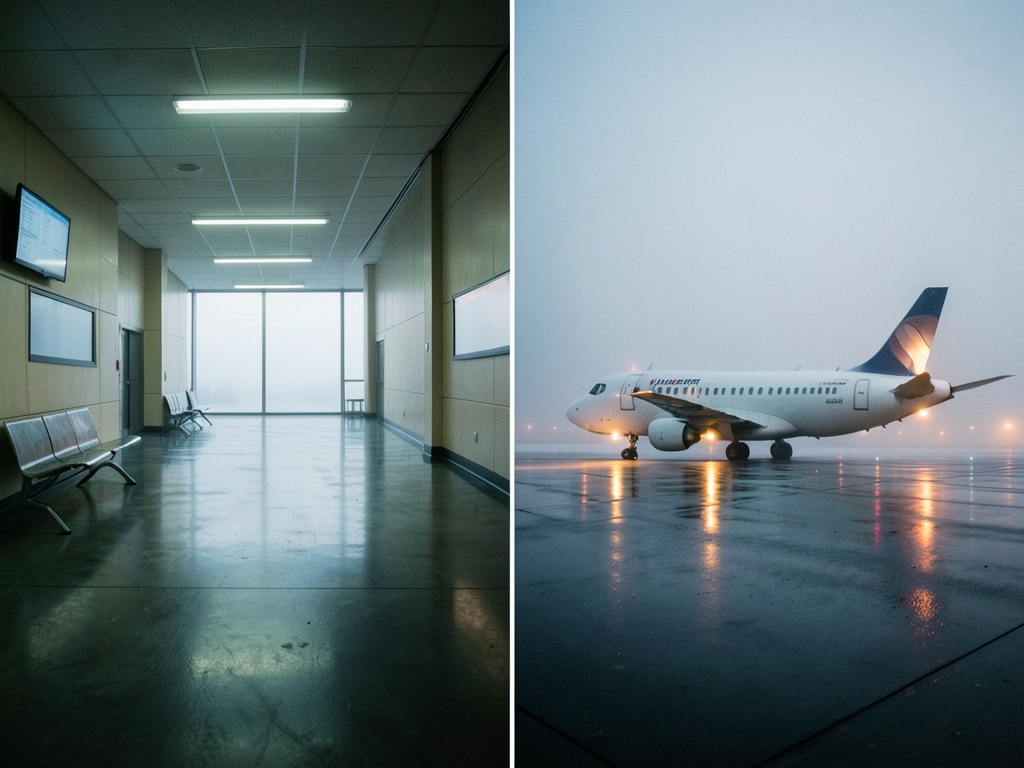 vast dimly airport terminal dusk with cold concrete