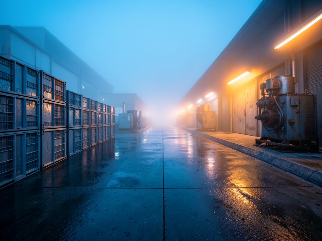 Three diverging paths crossing foggy industrial courtyard dawn