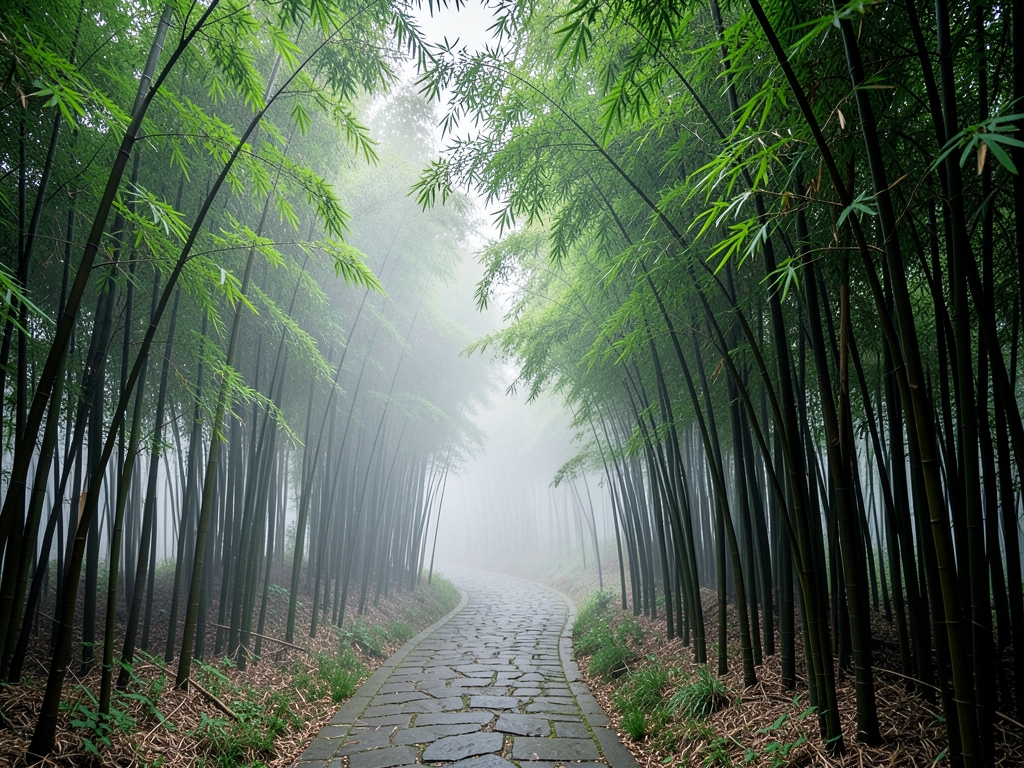 stone pathway cutting through lush bamboo grove under