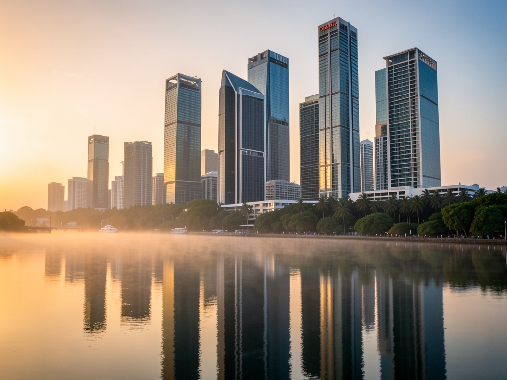 modern glass and steel financial district rising above misty tropical