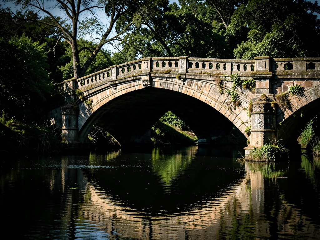 Prompt revised lone stone bridge over dark still
