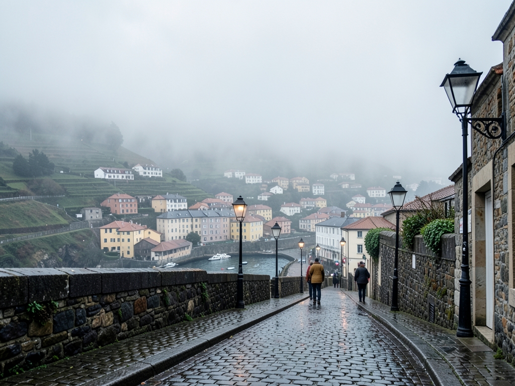 sprawling coastal town under overcast skies where rolls