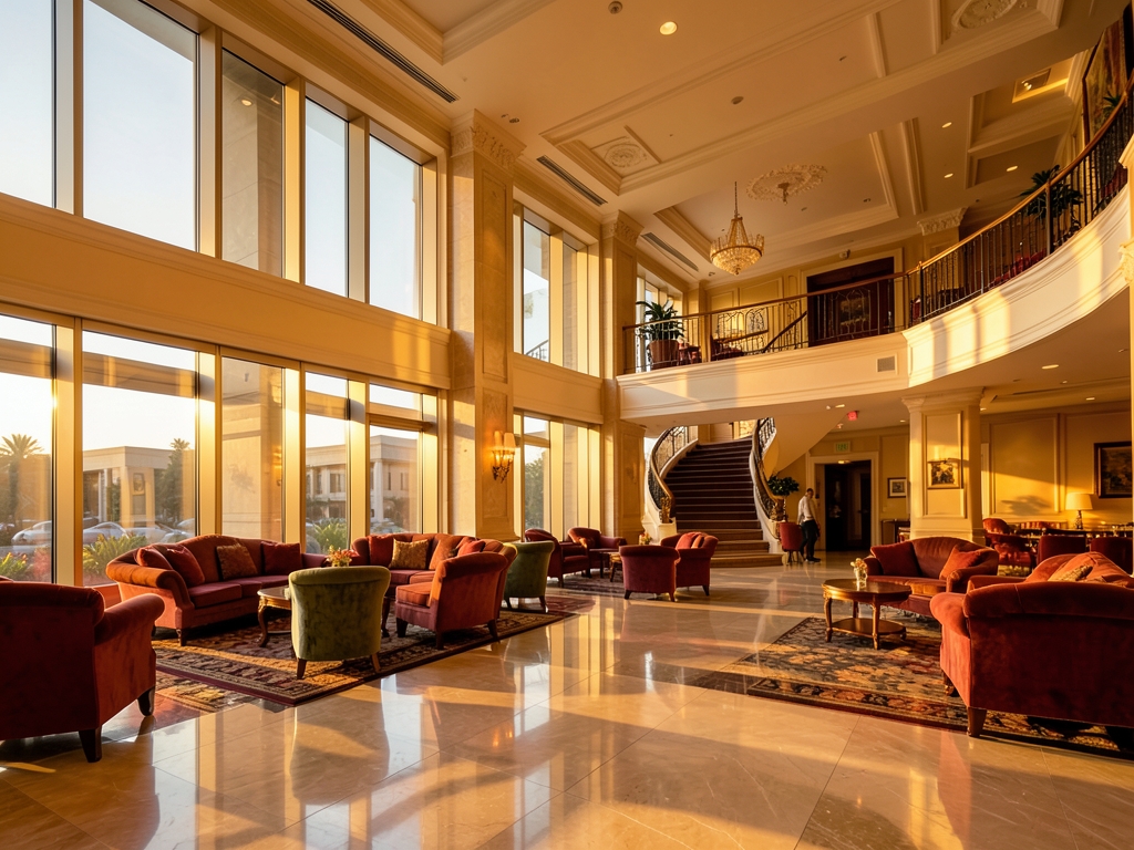grand hotel lobby golden hour with warm sunlight