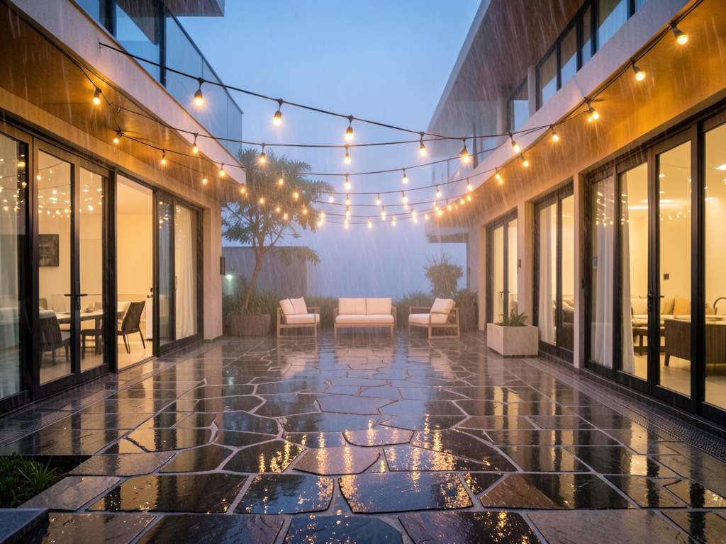 sleek modern resort terrace dusk with gentle rain