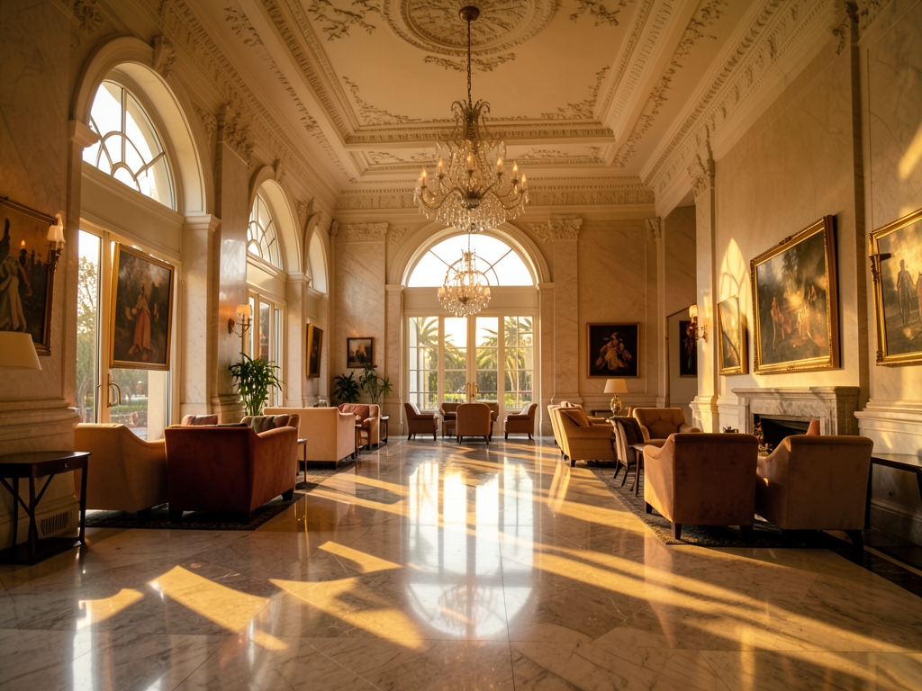 grand marble hotel lobby bathed golden hour light tall