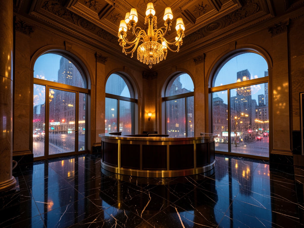 grand Manhattan luxury hotel lobby dusk polished black