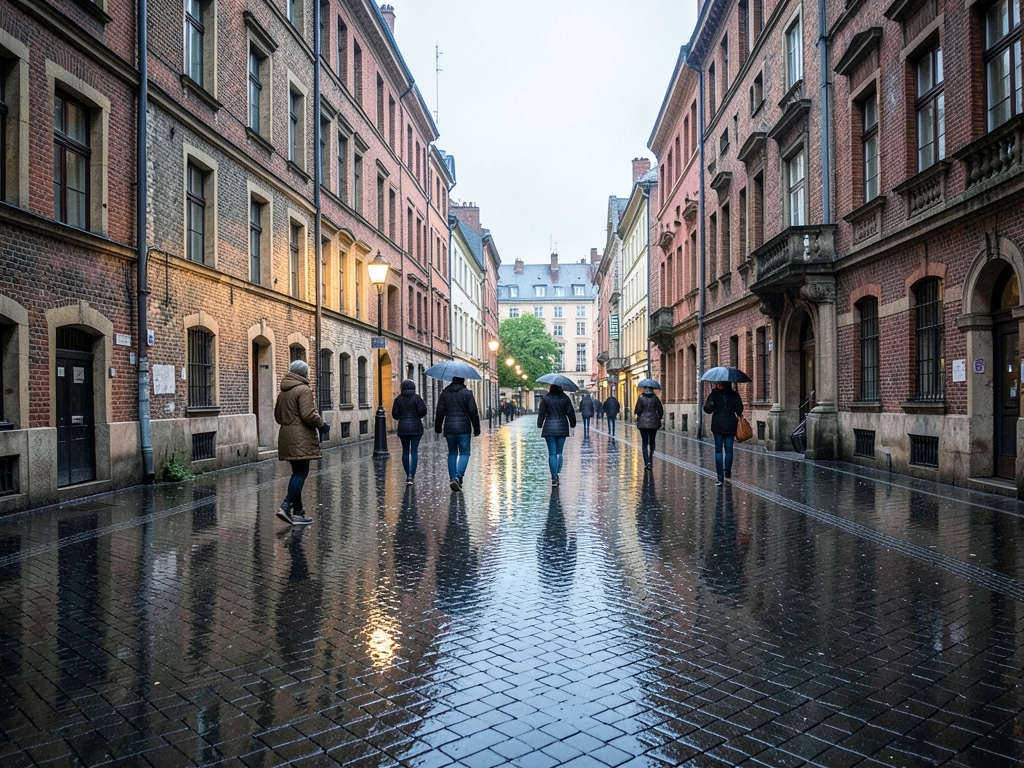 rain slick European city square with pedestrian journey motif
