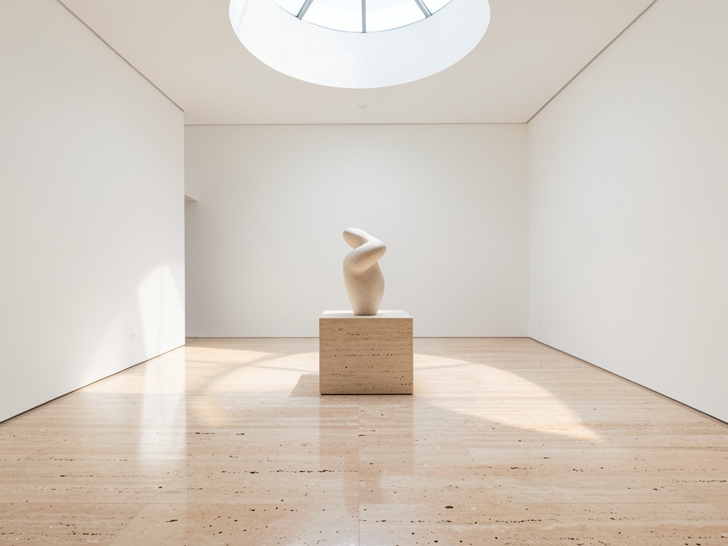 serene minimalist gallery hall with polished travertine floors