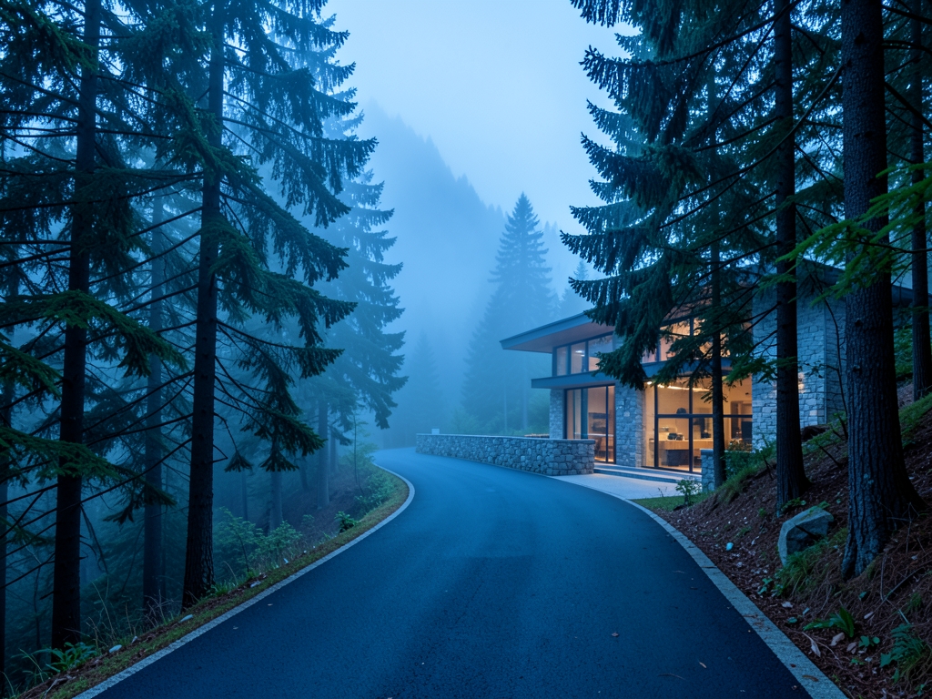 winding private driveway through misty alpine forest leading