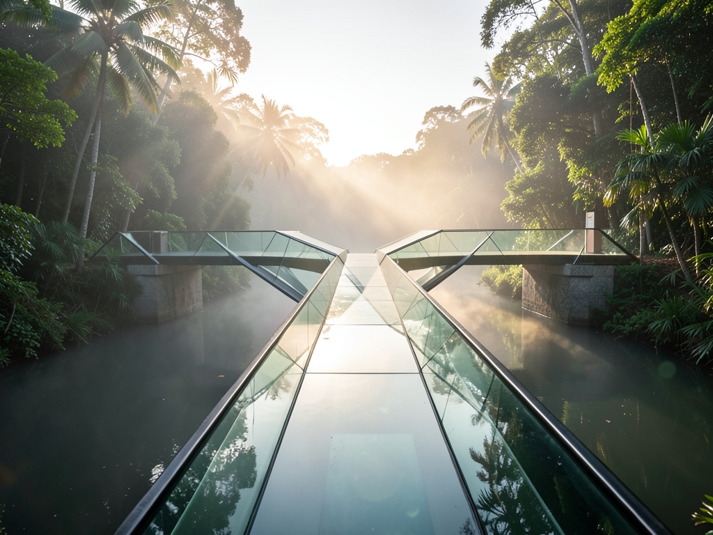 Line geometric glass bridge spanning misty tropical river