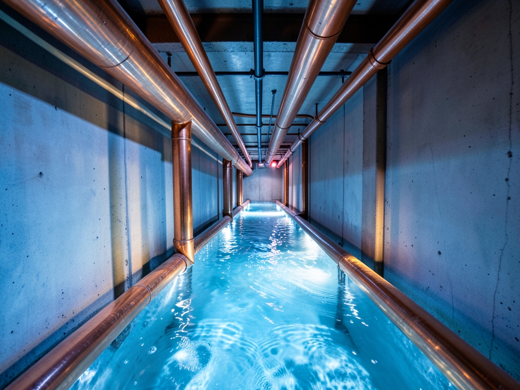 Sun drenched subterranean utility corridor lined with seamless copper