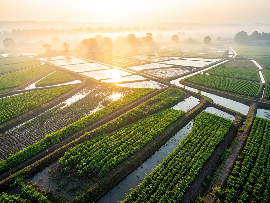 Misty dawn over sprawling smart agricultural landscape where