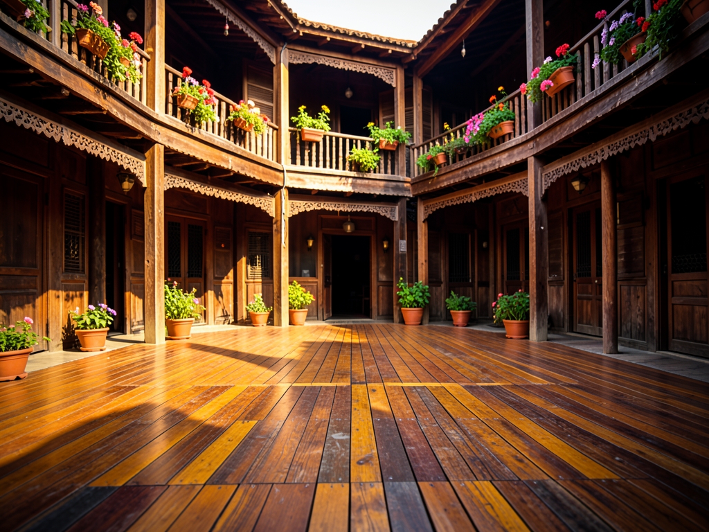 Line sunlit wooden courtyard