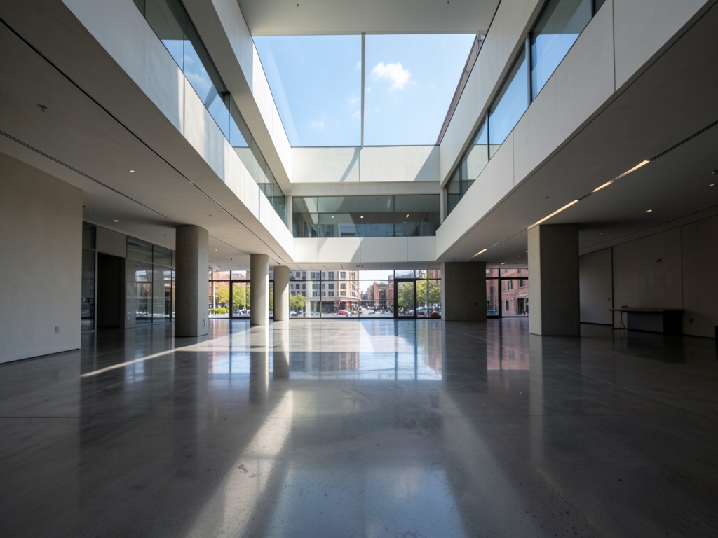 vast empty atrium contemporary office building polished concrete