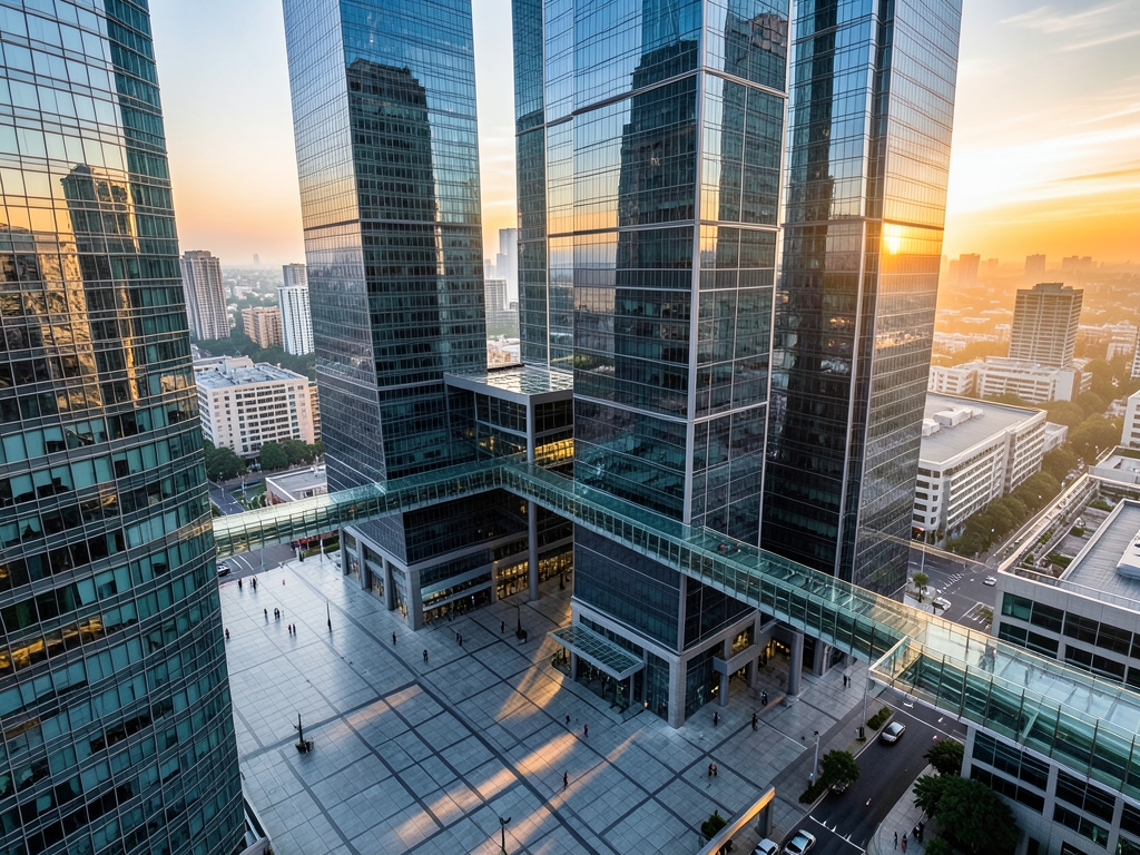 Aerial view modern financial district golden hour sleek