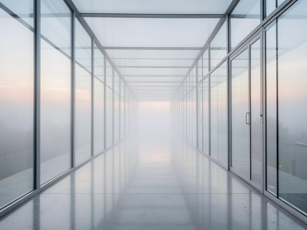 misty dawn over modern glass and steel atelier stretching into