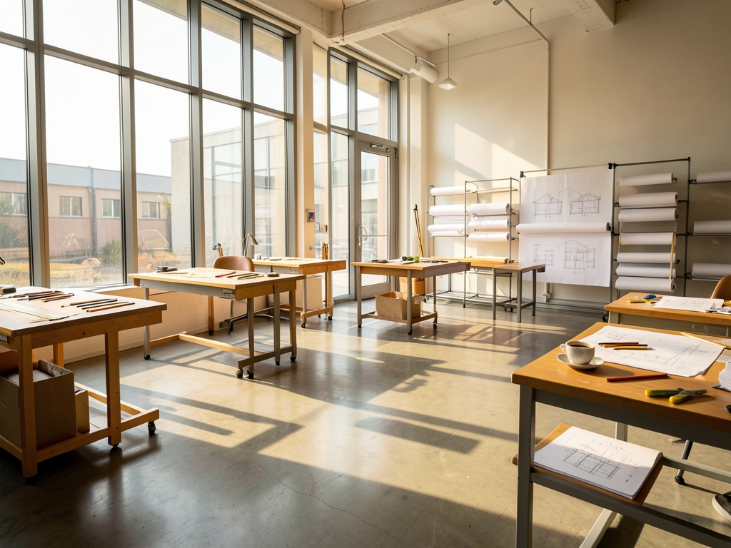 sunlit open plan drafting studio with tall glass windows