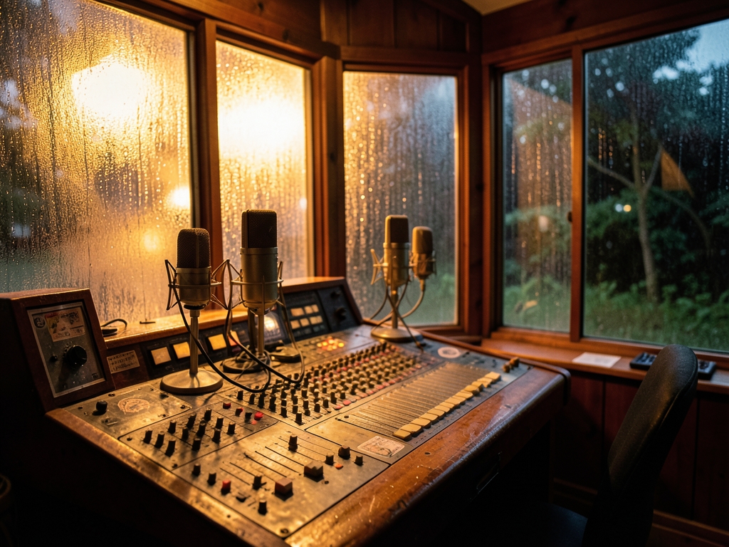 rain soaked wooden recording studio night amber light spilling