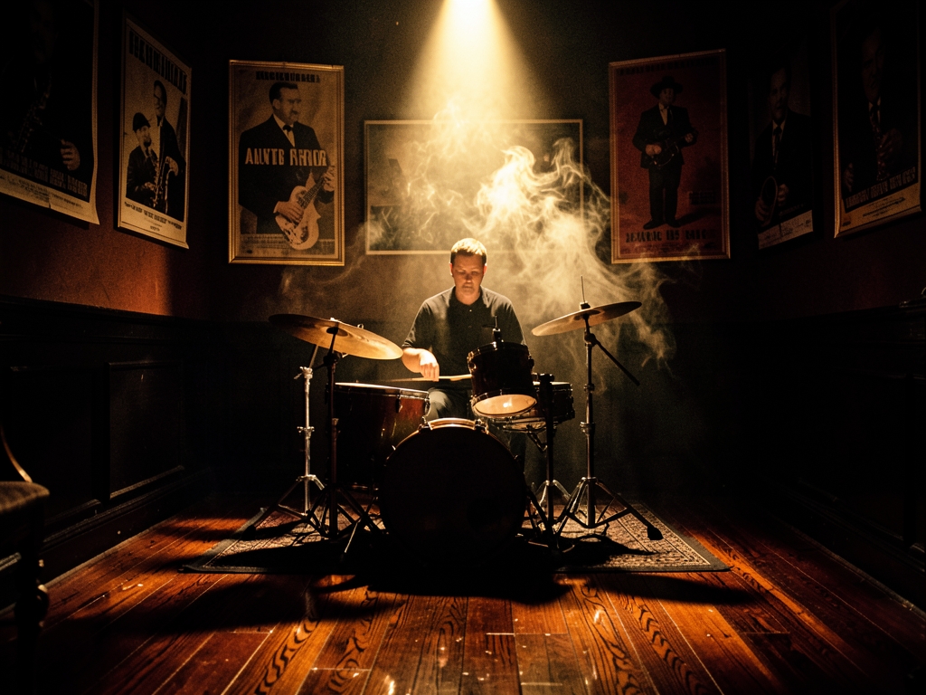 dimly jazz club with polished wooden floor lone